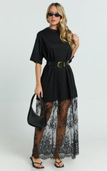 Jonna Midi Dress - Longline Lace Insert Tee in Black