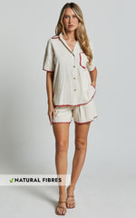 Josie Shorts - Linen Look Red Trim Detail Shorts in Cream & Red Print