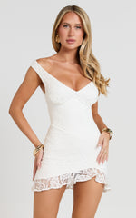 Judai Mini Dress - Lace Off Shoulder A Line Dress in White