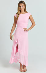 Judee Midi Dress - One Shoulder High Side Split Dress in Pink