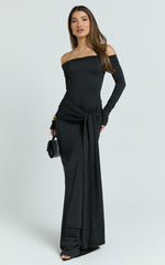 Judith Maxi Dress - Boat Neck Backless Tie Front Long Sleeve Jersey Dress in Black