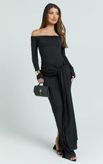 Judith Maxi Dress - Boat Neck Backless Tie Front Long Sleeve Jersey Dress in Black