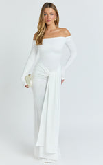 Judith Maxi Dress - Boat Neck Backless Tie Front Long Sleeve Jersey Dress in Cream