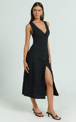 Juliet Midi Dress - Button Through V Neck Dress in Black