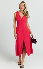 Juliet Midi Dress - Button Through V Neck Dress in Red