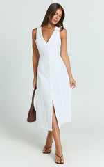 Juliet Midi Dress - Button Through V Neck Dress in White