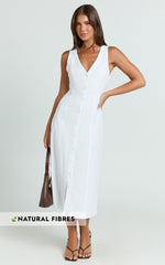 Juliet Midi Dress - Button Through V Neck Dress in White
