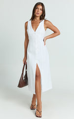 Juliet Midi Dress - Button Through V Neck Dress in White