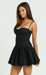 Kacey Mini Dress - Textured Drop Waist Bubble Hem Dress in Black