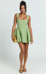 Kailee Mini Dress - Wide Strap Square Neck Fit And Flare Tulip Dress in Sage