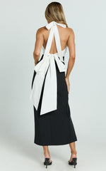 Kaitlin Midi Dress - Contrast Halter Plunge Tie Back Fitted Dress in Black