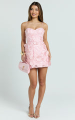 Kala Mini Dress - 3D Floral A Line Dress in Pink