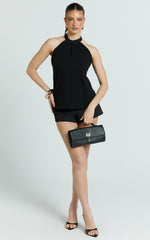 Kala Top - High Neck Tie Waist Linen Blend Peplum Top in Black