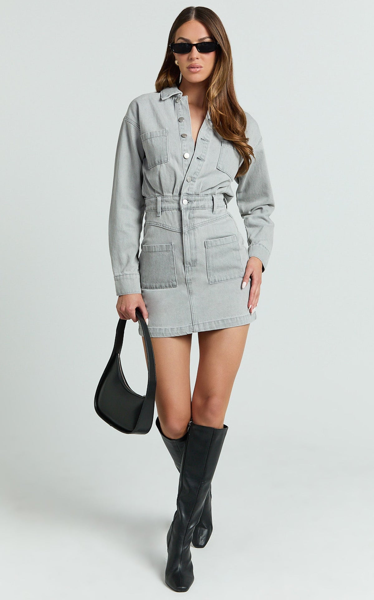Kamala Mini Dress - Long Sleeve Button Through Denim Dress in Grey