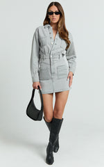 Kamala Mini Dress - Long Sleeve Button Through Denim Dress in Grey