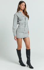 Kamala Mini Dress - Long Sleeve Button Through Denim Dress in Grey