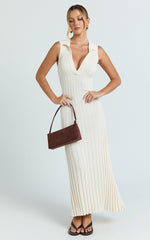 Kara Maxi Dress - Sleeveless Collared V Neck Knit Dress in Cream