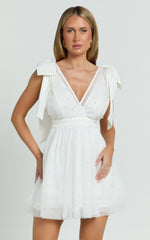 Karalyn Mini Dress - Bow Strap Plunge Pearl Detail Dress in White