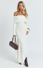 Karina Midi Dress - Long Sleeve Folded Off Shoulder Asymmetric Dress in Cream