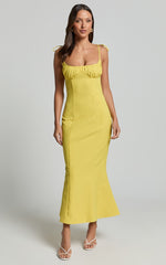 Karina Midi Dress - Ruched Bust Tie Shoulder Fit and Flare Dress in Lemon