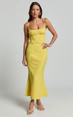 Karina Midi Dress - Ruched Bust Tie Shoulder Fit and Flare Dress in Lemon