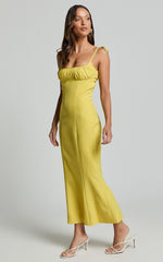 Karina Midi Dress - Ruched Bust Tie Shoulder Fit and Flare Dress in Lemon