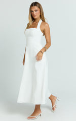 Karissa Midi Dress - Halter Neck Fitted Bodice Midi Soft A Line Skirt Dress in White