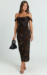 Karlene Midi Dress - Ruched Corset Burnout Dress in Black and Brown