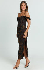 Karlene Midi Dress - Ruched Corset Burnout Dress in Black and Brown