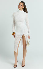 Karlene Midi Dress - Stretch Lace Long Sleeve Ruched Split Hem Dress in Ivory