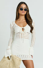 Karly Mini Dress - Crochet Knit Long Sleeve Dress in Ivory