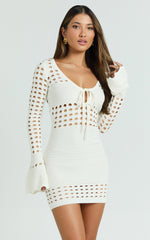 Karly Mini Dress - Crochet Knit Long Sleeve Dress in Ivory