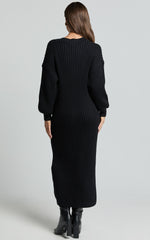 Kartia Midi Dress - V Neck Knit Dress in Black