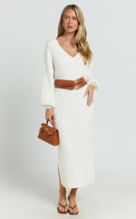 Kartia Midi Dress - V Neck Knit Dress in Off White