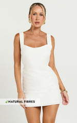 Kat Mini Dress - Linen Square Neck Dress in Off White