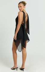 Katarina Mini Dress - Cowl Neck Low Back Asymmetric Hem Dress in Black