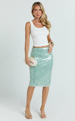 Katelyn Knee Length Skirt - Low Waisted Sheer Sequin Skirt in Teal