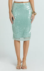 Katelyn Knee Length Skirt - Low Waisted Sheer Sequin Skirt in Teal