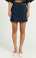 Katherine Mini Skirt - Cross Front Recycled Denim Skirt in Dark Blue Wash