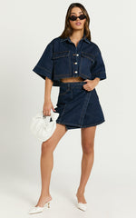 Katherine Top - Crop Button Down Collared Recycled Denim Short Sleeve Top in Dark Blue Wash
