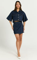 Katherine Top - Crop Button Down Collared Recycled Denim Short Sleeve Top in Dark Blue Wash