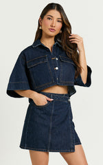 Katherine Top - Crop Button Down Collared Recycled Denim Short Sleeve Top in Dark Blue Wash