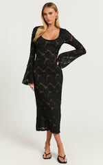 Kathy Midi Dress - Scoop Neck Long Sleeve Jacquard Textured Dress in Black