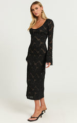Kathy Midi Dress - Scoop Neck Long Sleeve Jacquard Textured Dress in Black
