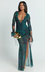Katie Maxi Dress - Ruffle Plunge Neck Long Sleeve Dress in Green