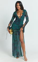 Katie Maxi Dress - Ruffle Plunge Neck Long Sleeve Dress in Green