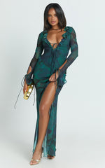 Katie Maxi Dress - Ruffle Plunge Neck Long Sleeve Dress in Green