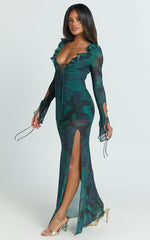 Katie Maxi Dress - Ruffle Plunge Neck Long Sleeve Dress in Green