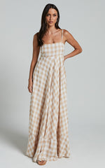 Katrien Maxi Dress - Strappy Empire Waist Flare Dress in Beige and White Check