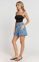 Kayla Shorts - High Waisted A Line Denim Shorts in Mid Blue Wash